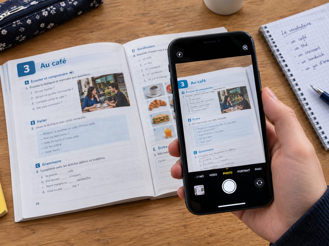 A phone camera pointed at a page of a French textbook